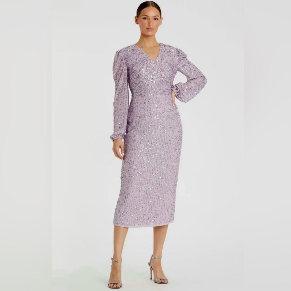 NWT MAC DUGGAL SZ 10 Lavender Puff Sleeve V Neck MIDI #107641 - Picture 5 of 9